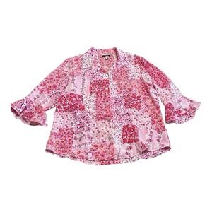 Blair‎ Pink Patchwork Floral Button Front Bell 3/4 Sleeve Blouse Plus Size Large